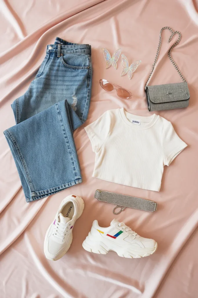 Flat lay of Y2K wardrobe essentials including low rise jeans, baby tee, butterfly clips and platform sneakers