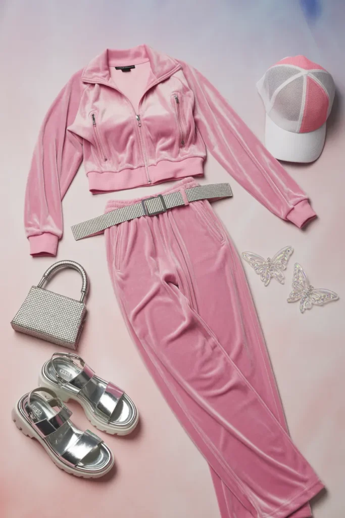 Flat lay of iconic 2000s celebrity outfits featuring pink velour tracksuit, rhinestone belt, and Y2K accessories