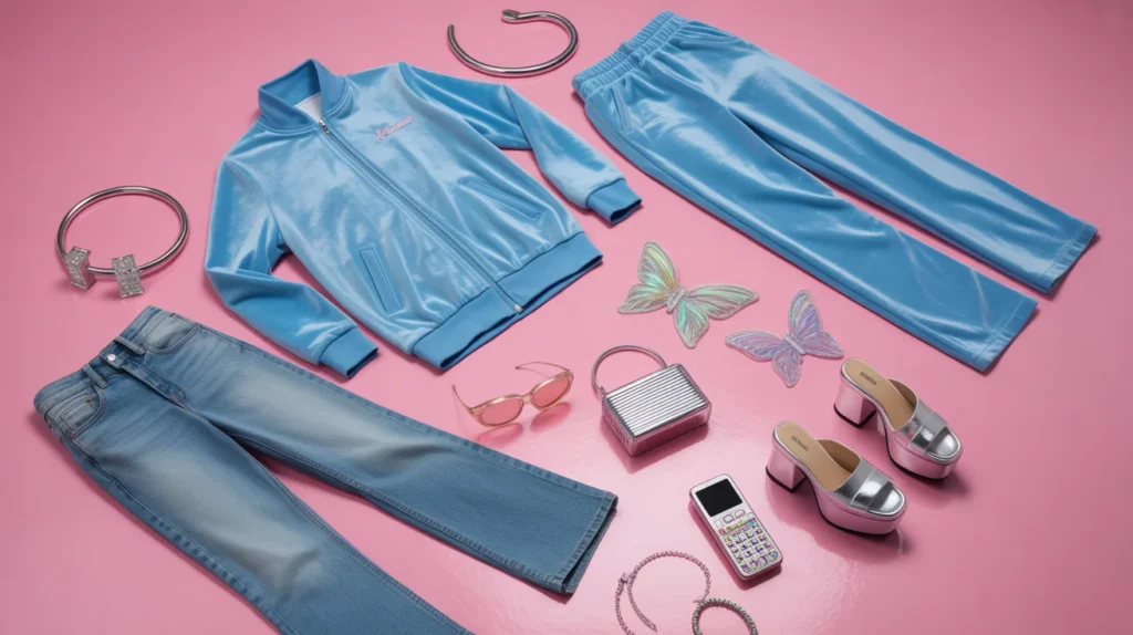 Flat lay of iconic Y2K fashion essentials including velour tracksuit, low-rise jeans, metallic baguette bag, butterfly clips, tinted sunglasses, and platform sandals on a pink background — ultimate 2000s style guide