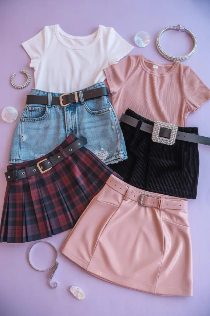  Flat lay of mini skirt outfits 2000s inspired with denim pleated and satin styles with baby tees and Y2K accessories