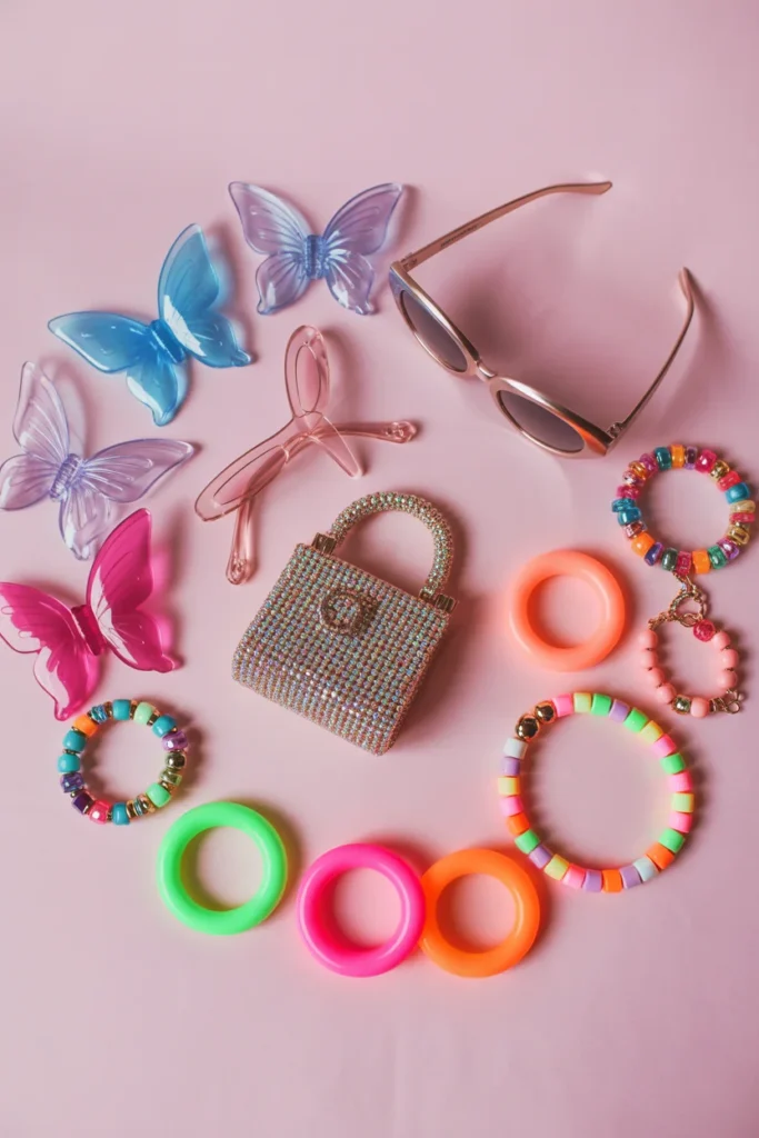 Flat lay of trending Y2K accessories including butterfly clips, tinted sunglasses, and beaded bracelets on a pink background