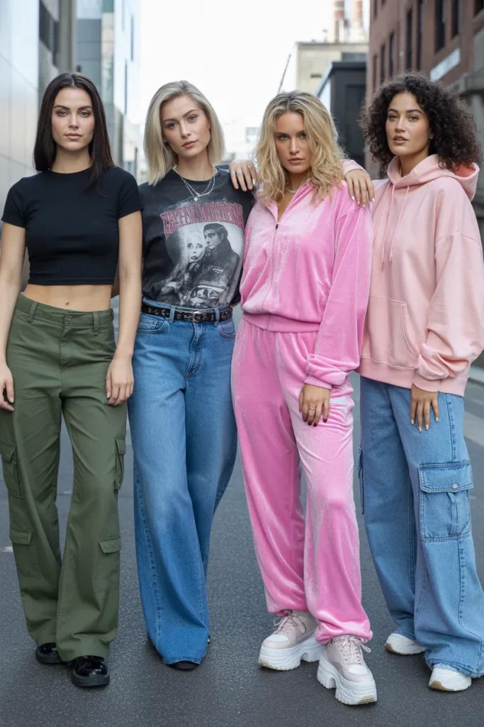 Four Y2K streetwear outfit ideas for 2000s urban style inspiration