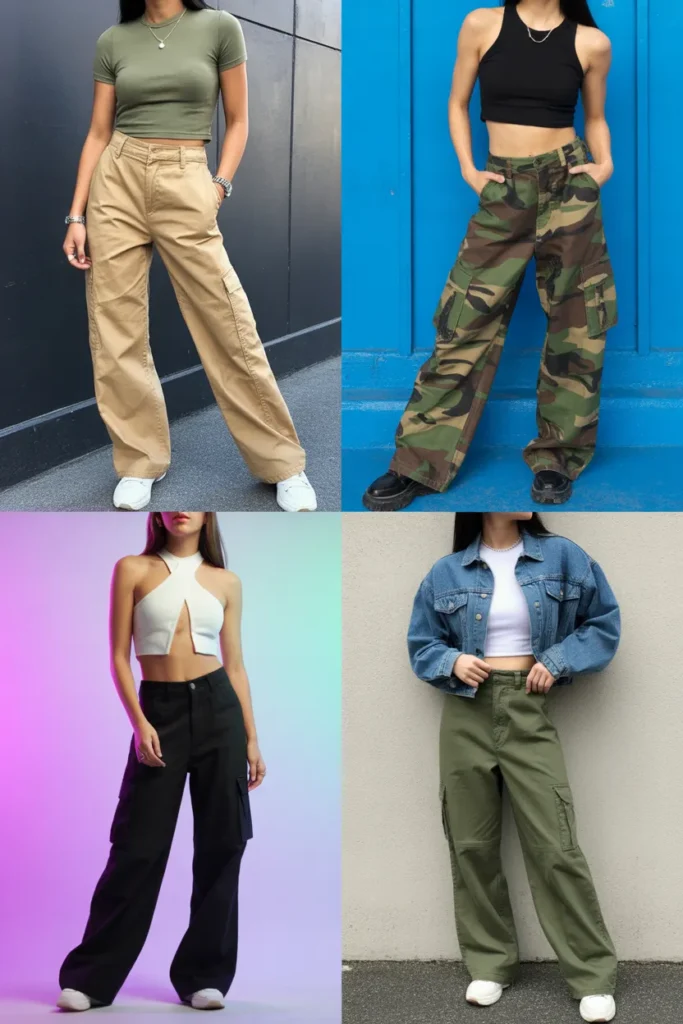 Four cargo pants Y2K outfit ideas collage including khaki camo black and green cargos