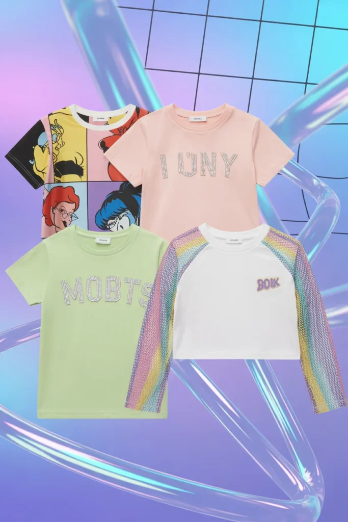 Four early 2000s baby tee outfit ideas featuring graphic prints, pastels, rhinestones, and layered styling