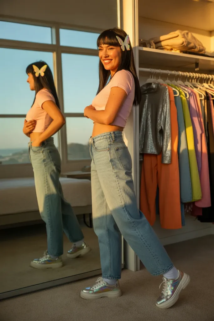 Girl confidently wearing a complete Y2K wardrobe essentials outfit in her bedroom