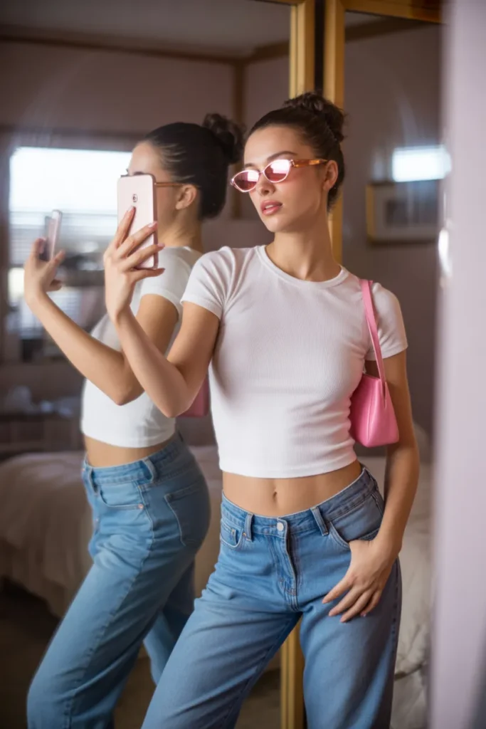 Girl wearing white baby tee and low rise jeans styled for a casual Y2K outfit
