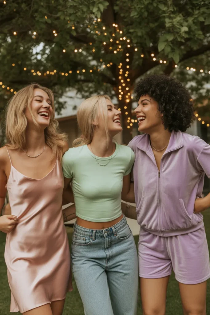 Group of friends wearing different Y2K summer outfits enjoying hot girl summer together