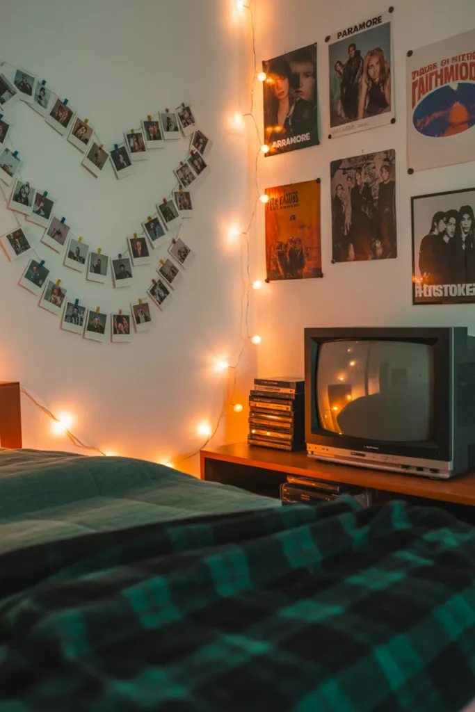 Grunge Y2K bedroom with Polaroid heart wall, plaid throw, vintage band posters, and CRT TV.