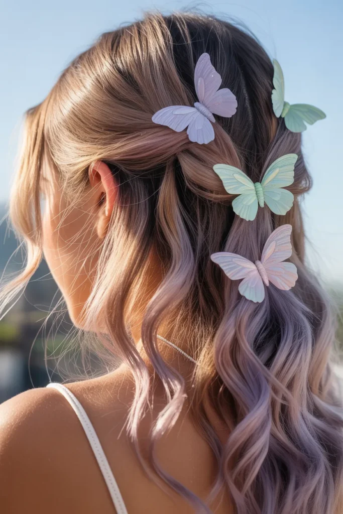 Half-up half-down butterfly clips hairstyle with pastel clips and soft Y2K beach waves