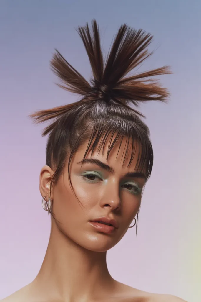 High spiky bun Y2K hairstyle with piecey texture in 2000s aesthetic style