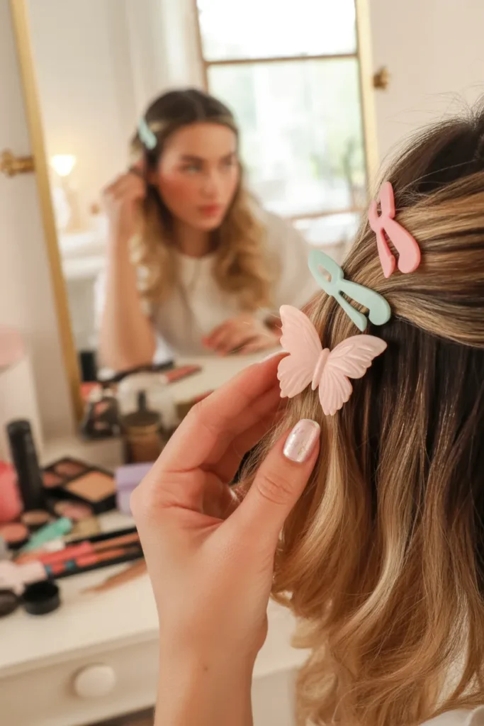 How to style Y2K butterfly clip hairstyle tutorial with hands placing clips in hair