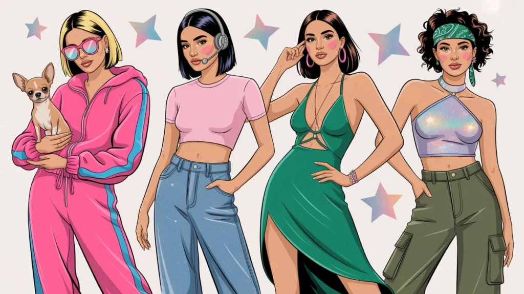 Illustrated Y2K fashion icons showing four celebrity-inspired style archetypes from the early 2000s including it-girl tracksuit look, pop star crop top, red carpet glamour, and edgy streetwear — 2000s fashion icons guide
