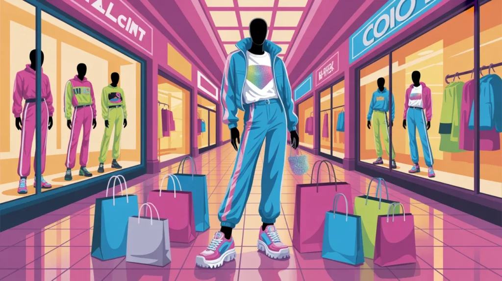 Illustrated early 2000s mall scene representing Y2K fashion brand culture with storefronts displaying velour tracksuits, graphic tees, and bedazzled accessories — iconic 2000s mall fashion and Y2K clothing brands experience