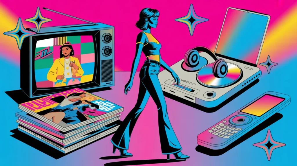 Illustration of early 2000s pop culture fashion scene with Y2K aesthetic elements including crop top silhouette, flip phone, fashion magazines, and retro-futuristic neon background representing 2000s fashion trends