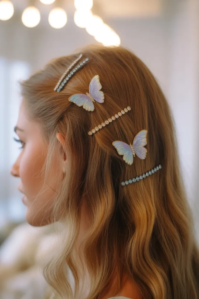  Iridescent butterfly clips and rhinestone pins decorating a half-up hairstyle inspired by early 2000s fashion