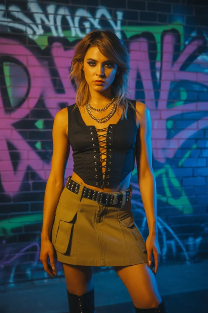 Lace-up corset top with cargo mini skirt — edgy Y2K concert and party outfit