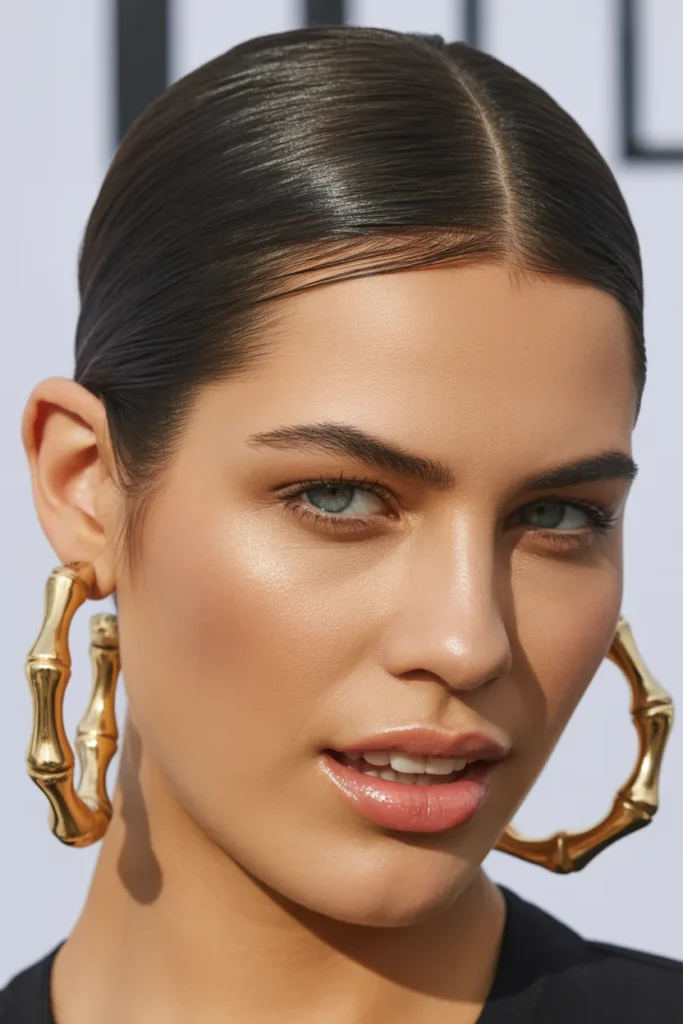 Large gold bamboo hoop earrings with slicked-back hair and glossy lips for a Y2K-inspired beauty look