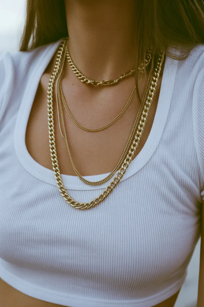 Layered chunky gold Y2K chain necklaces styled over a white baby tee for a bold 2000s-inspired look