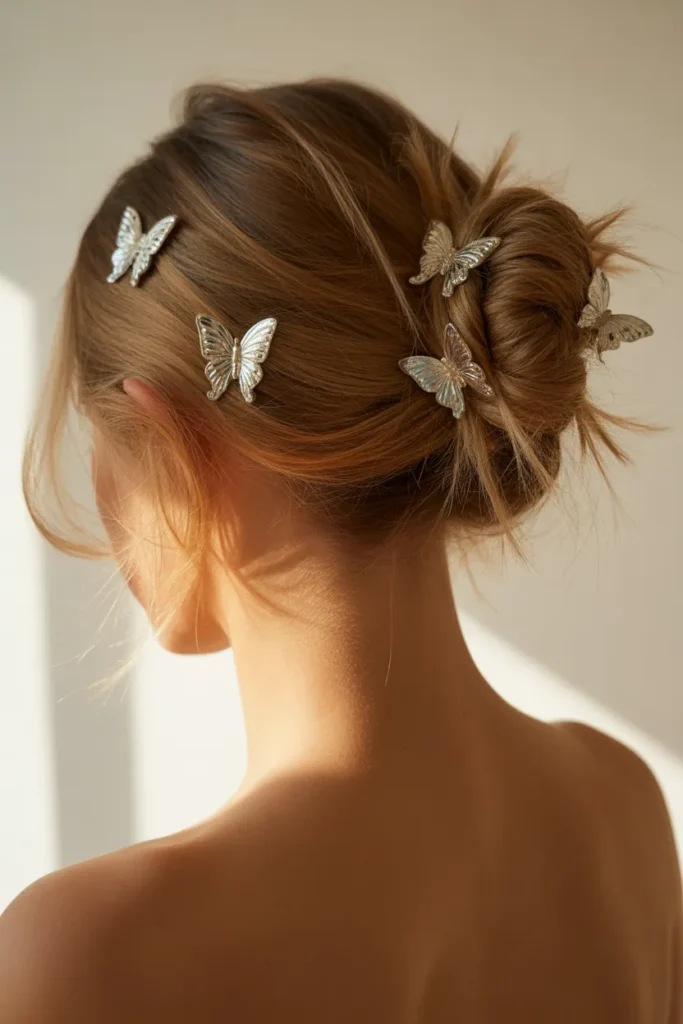  Low messy bun butterfly clips hairstyle with clustered Y2K hair accessories