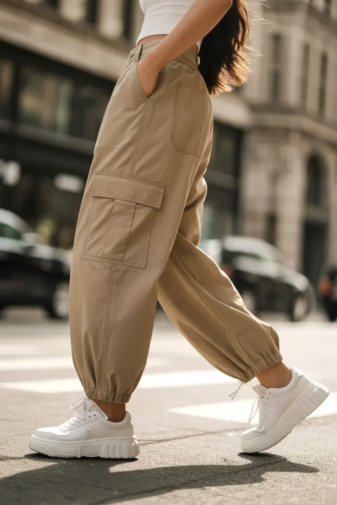 Low rise baggy cargo pants Y2K style with chunky white platform sneakers