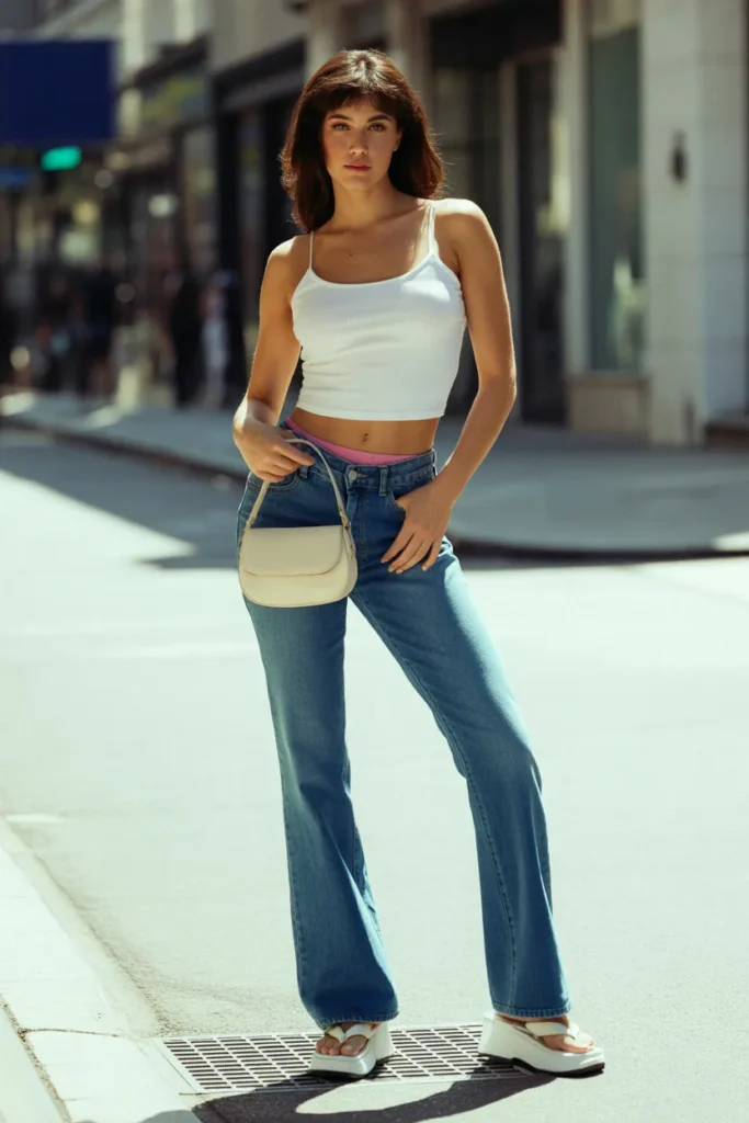 Low rise bootcut jeans Y2K outfit with white cami and mini handbag on a budget