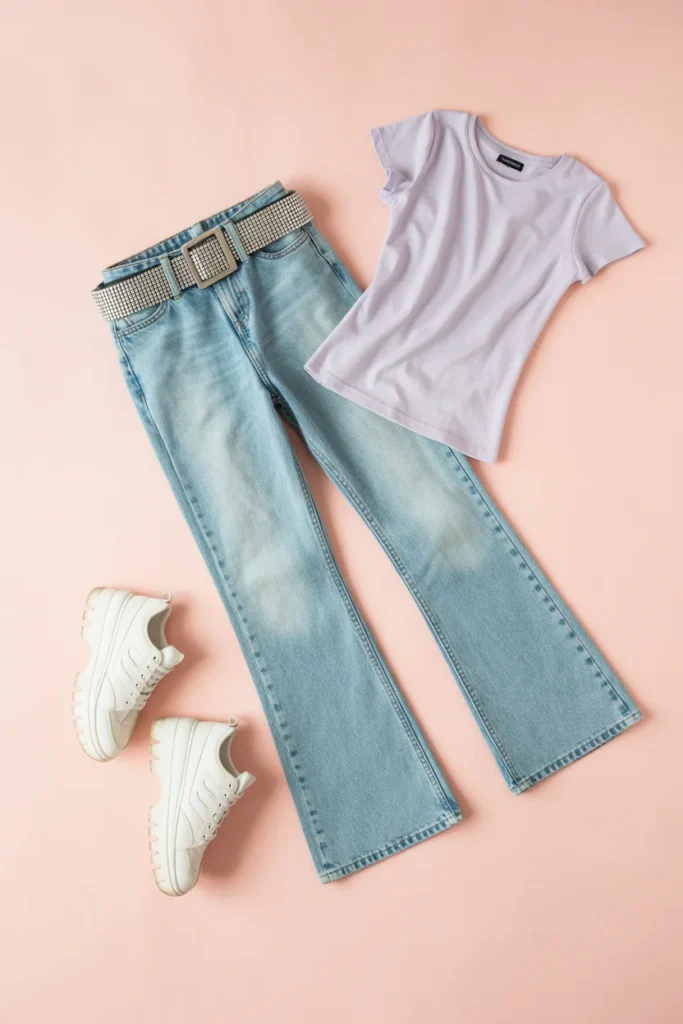  Low-rise bootcut jeans styled with a rhinestone belt and baby tee in an early 2000s fashion flat lay