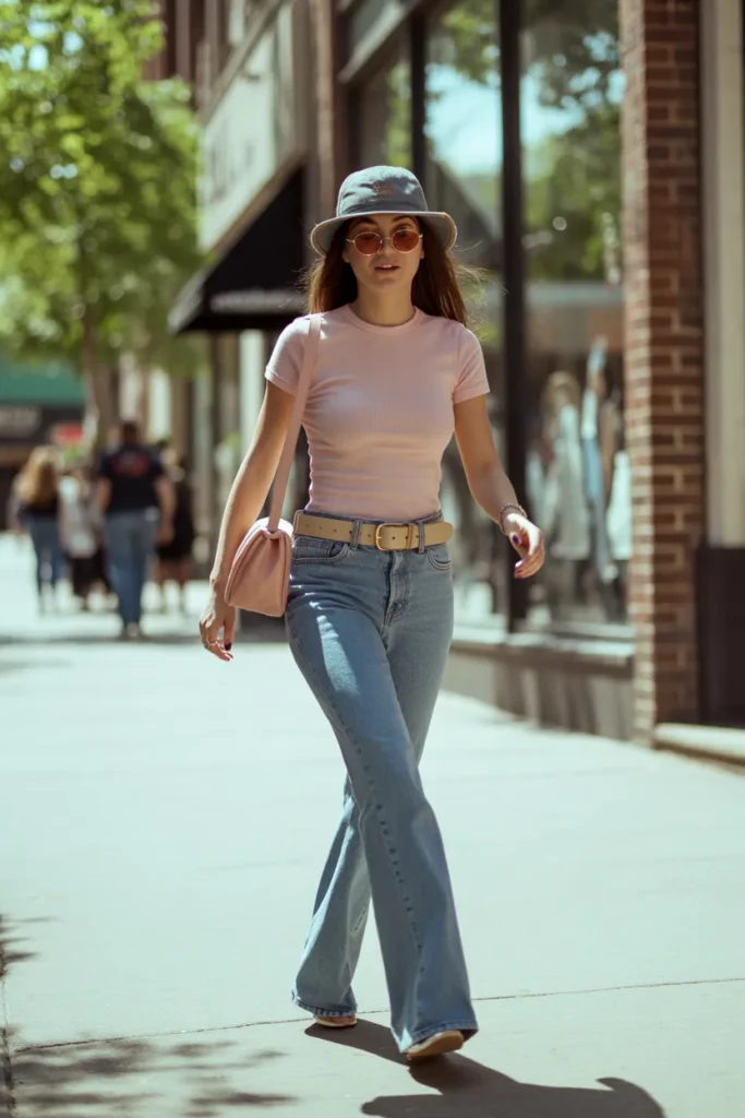 Low rise jeans and baby tee outfit inspired by Britney Spears early 2000s street style