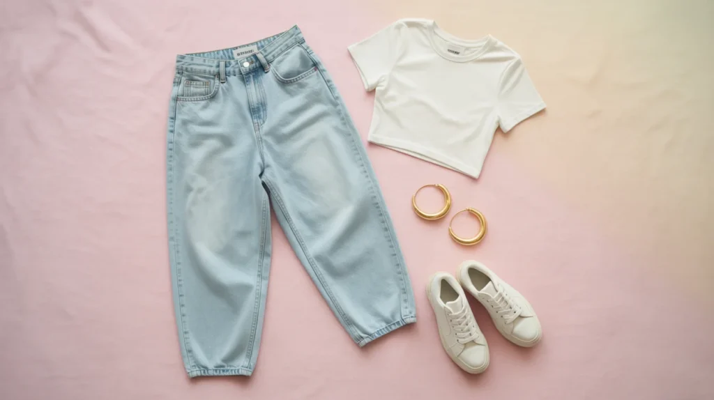 Low-rise jeans outfit flat lay with cropped baby tee and gold hoops — Y2K styling essentials