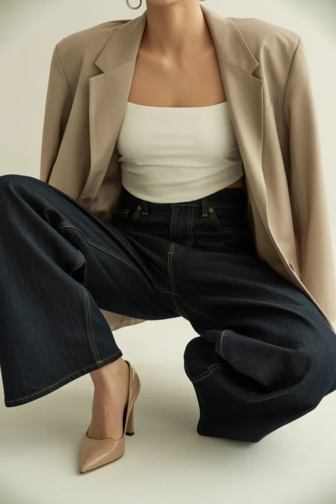 Low-rise jeans styled with oversized blazer for a chic smart-casual Y2K outfit