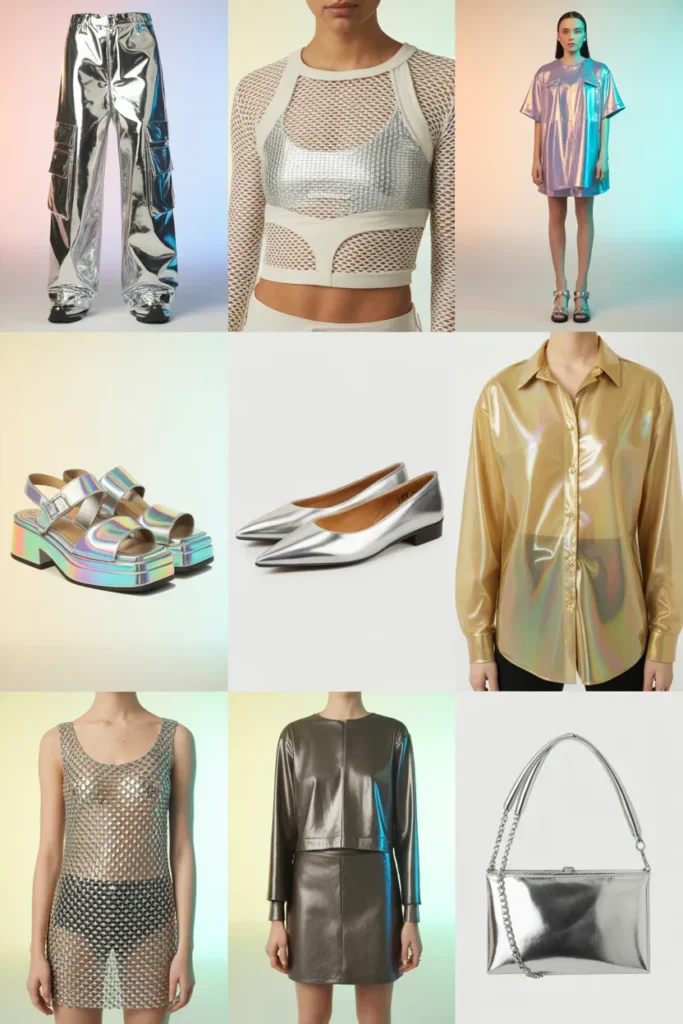 Metallic Y2K shopping guide with nine pieces from Urban Outfitters, Princess Polly, ASOS, and Aritzia.