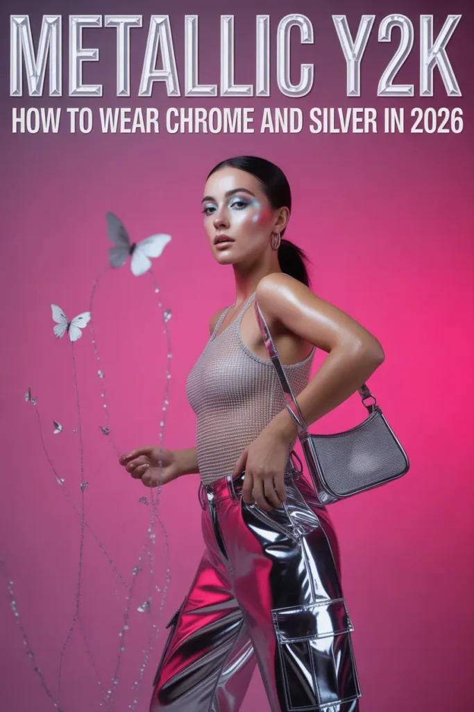 Metallic fashion Y2K Pinterest pin showing chrome cargos and silver mesh top with chrome typography overlay.