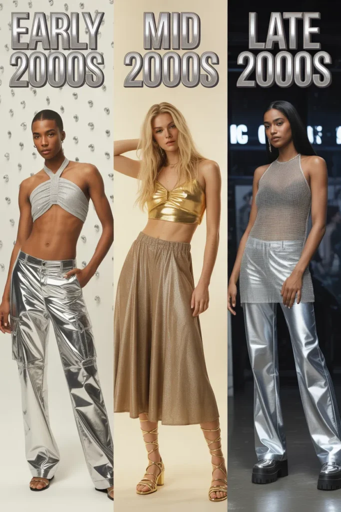 Metallic fashion Y2K era guide showing early, mid, and late 2000s outfit examples side by side.