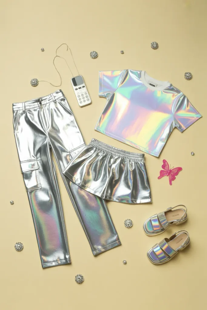 Metallic fashion Y2K flat lay with silver skirt, chrome cargos, holographic top, and iridescent platforms.
