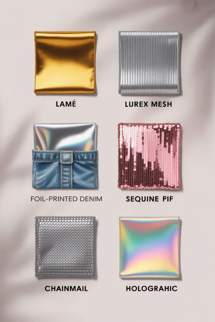 Metallic fashion fabric guide showing lame, lurex, foil, sequin, chainmail, and holographic swatches.