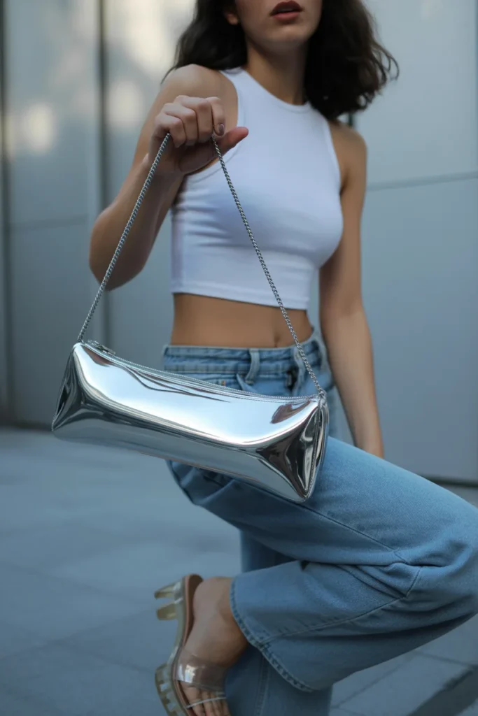 Metallic silver Y2K baguette bag styled with a crop top and low-rise jeans for an early 2000s aesthetic