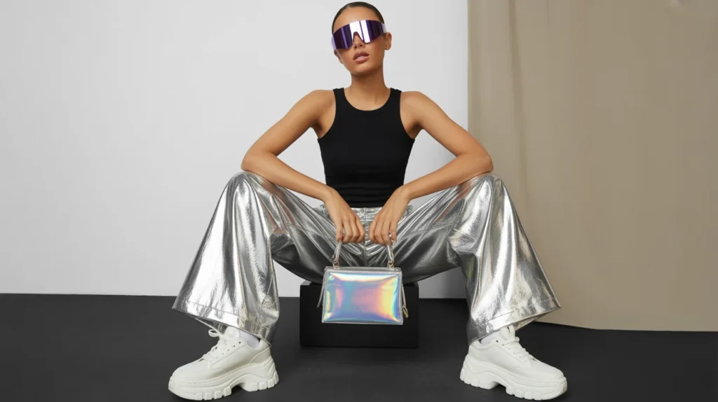 Metallic silver pants Y2K outfit idea with black tank top, chunky sneakers, and tinted sunglasses