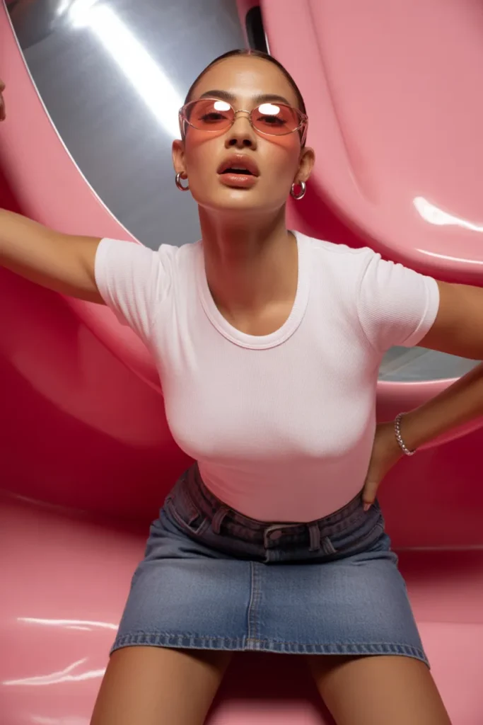 Model wearing rose tinted Y2K oval sunglasses with baby tee and low rise denim skirt