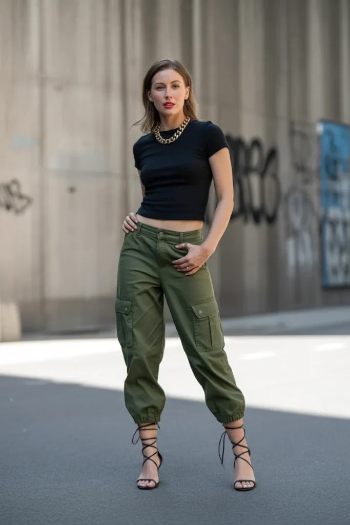 Olive cargo pants outfit with crop top and gold chain necklace in a modern early 2000s street style look