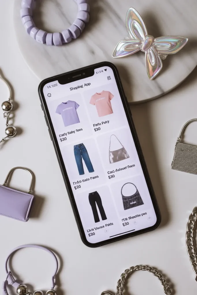  Online shopping for affordable Y2K fashion under $30 showing budget-friendly early 2000s clothing and accessories