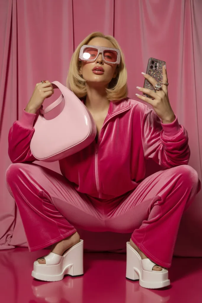 Paris Hilton inspired 2000s celebrity outfit in pink velour tracksuit with oversized sunglasses