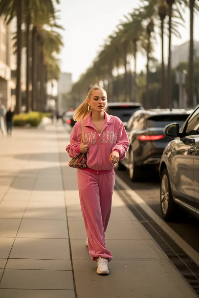 Paris Hilton inspired pink velour Juicy Couture tracksuit 2000s street style look