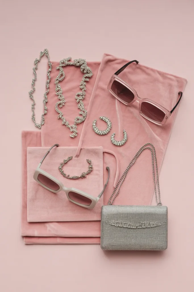 Paris Hilton style 2000s mood board with velour fabric rhinestone accessories and metallic handbag