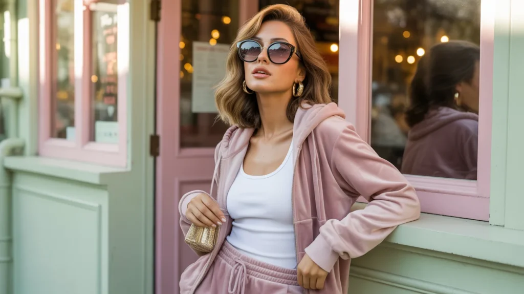 Pink velour tracksuit Y2K outfit idea styled with oversized sunglasses and gold hoop earrings