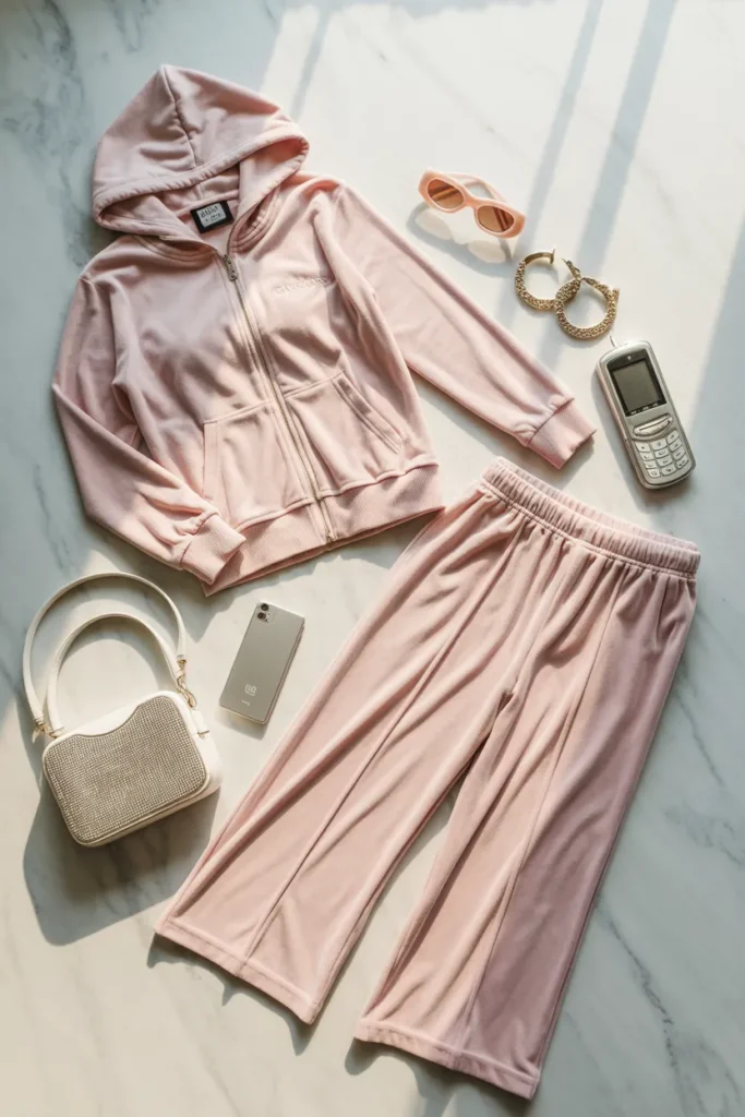 Pink velour tracksuit outfit flat lay with Y2K accessories and tinted sunglasses