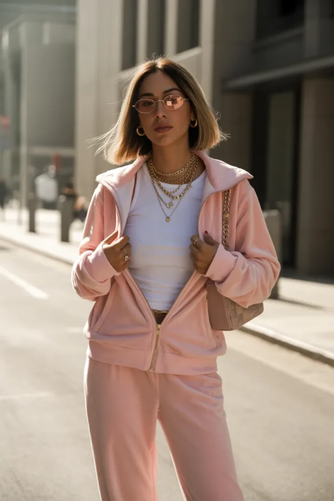 Pink velour tracksuit outfit inspired by Britney Spears Juicy Couture era