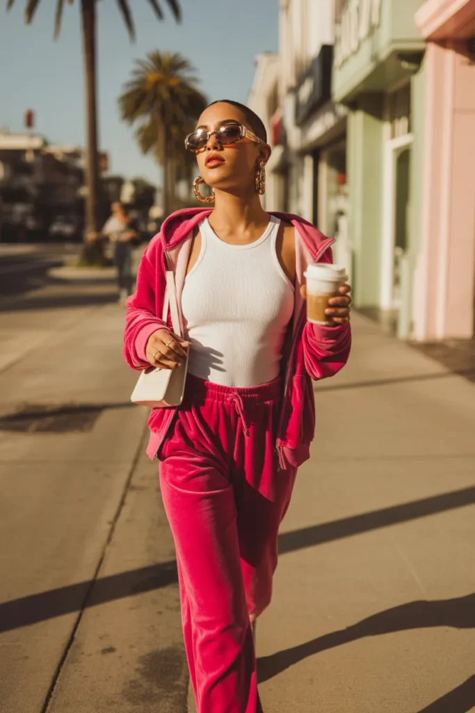 Pink velour tracksuit outfit street style with white tank top and mini bag