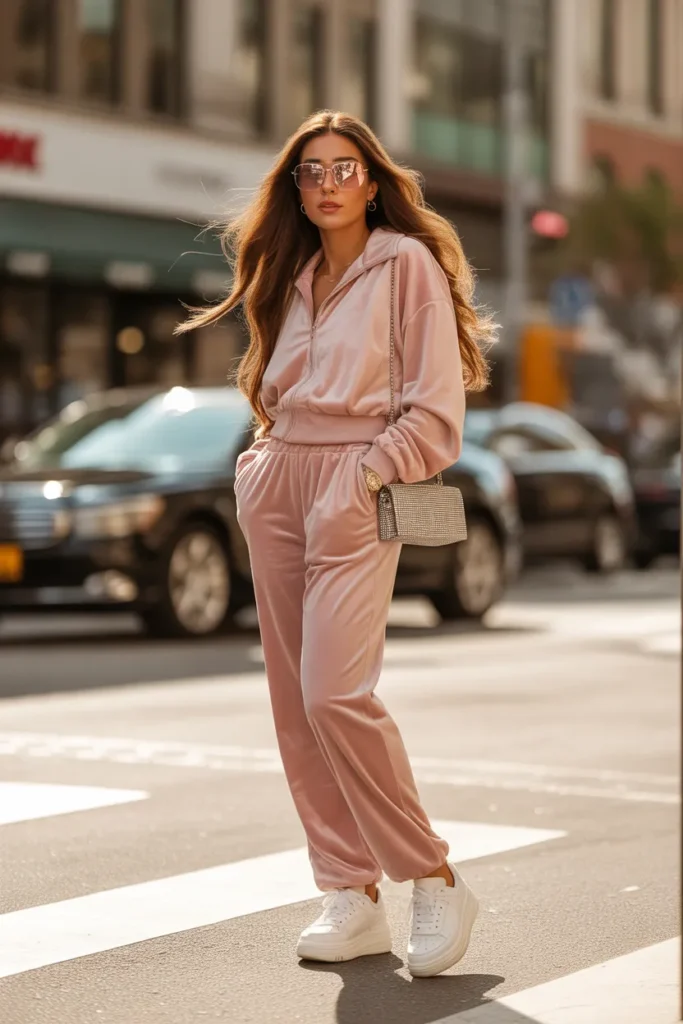 Pink velour tracksuit outfit styled with platform sneakers and mini bag for Y2K aesthetic