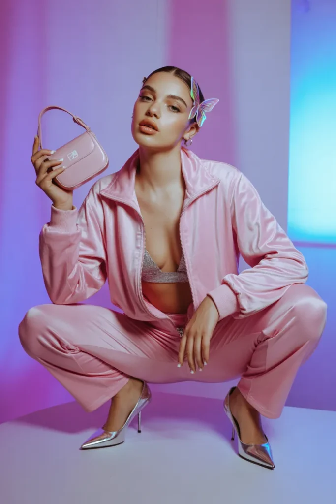 Pink velour tracksuit styled for a party with bralette and heels — Y2K main character outfit