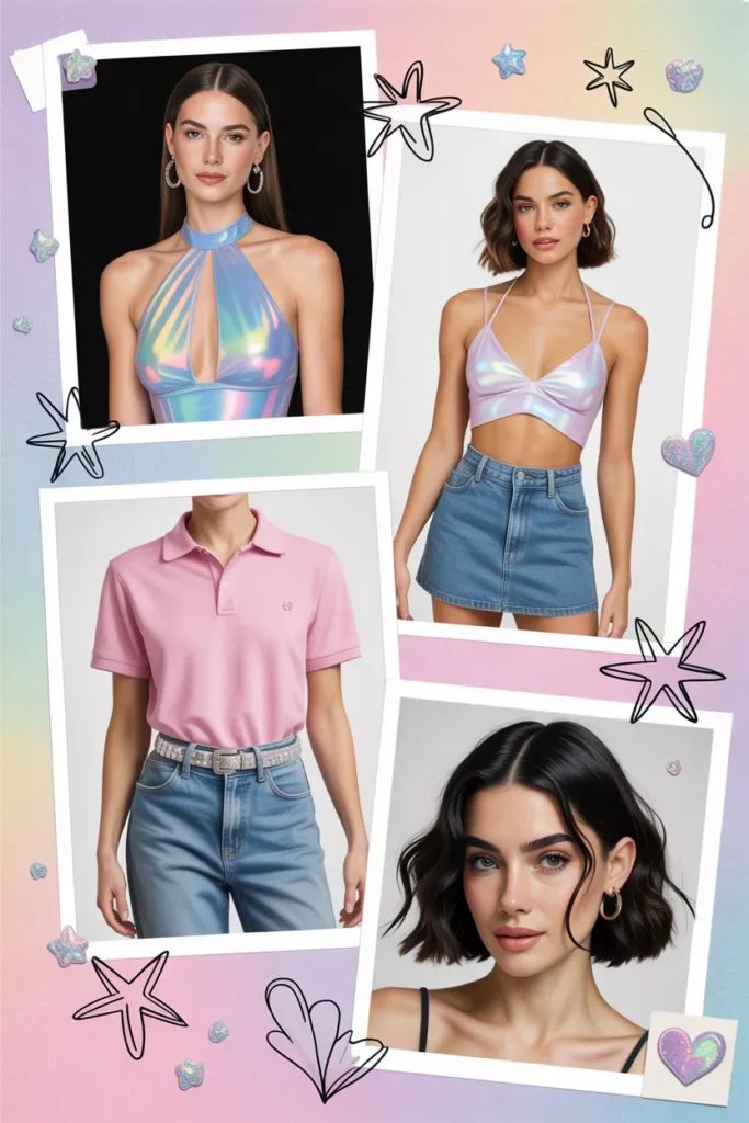 Pinterest mood board of 2000s celebrity outfits including butterfly tops and mini skirts