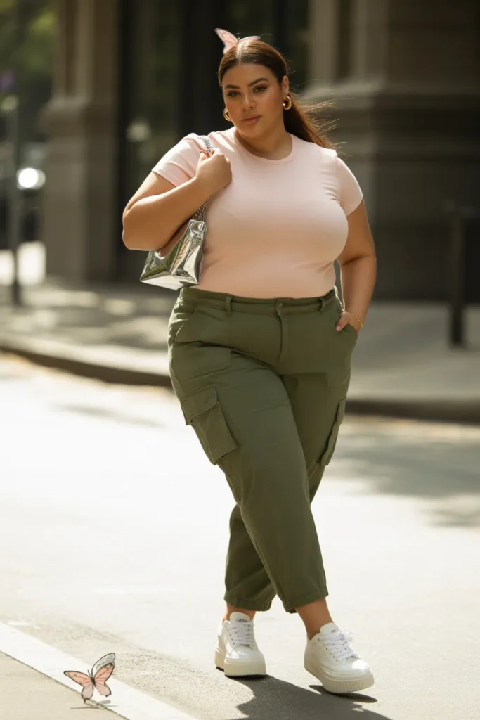 Plus-size Y2K outfit with pink baby tee, olive cargo pants, and white platform sneakers.